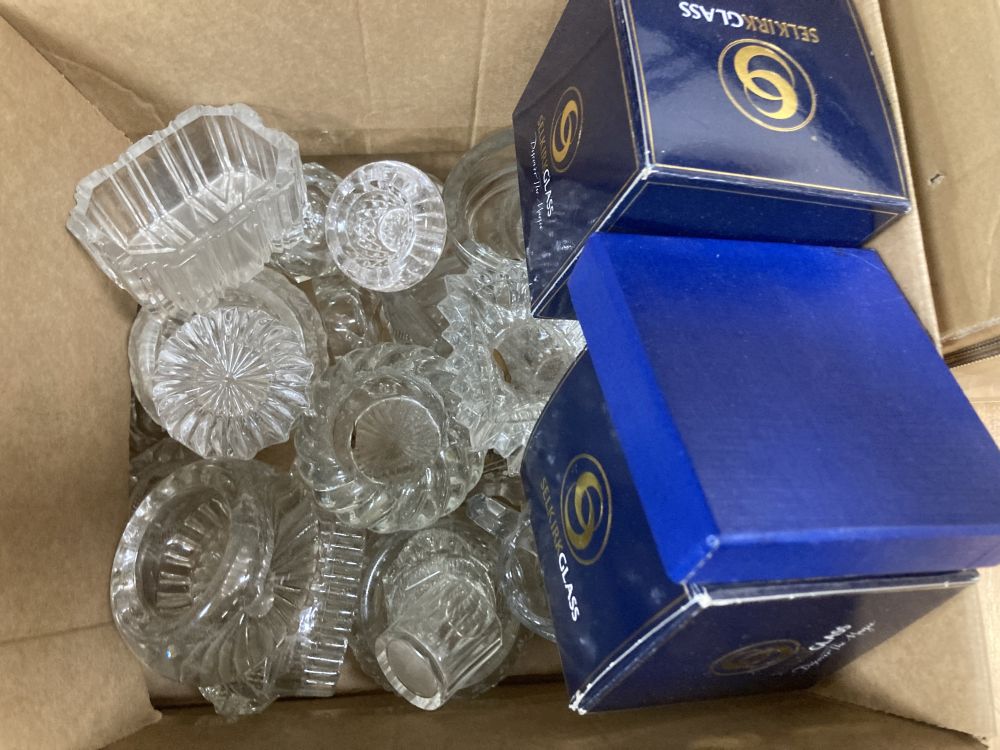 A large collection of glass salts and other items, including paperweights, animal figures, vases, dishes, etc.